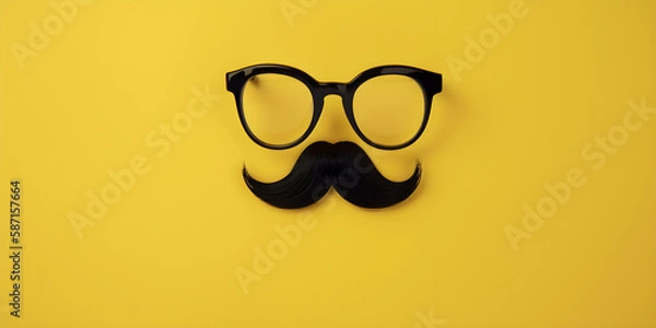 Fototapeta black glasses and mustache on yellow paper background. Copy space. Background for father's day design. 
Generative AI