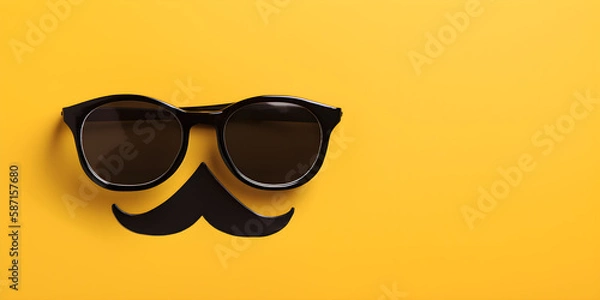 Fototapeta black glasses mustache on yellow paper background. Copy space. Background for father's day design. 
Generative AI