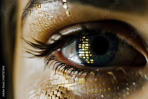 Fototapeta Glitched eyes with digital information in the iris. matrix concept. sci-fi background. Yellow color. 
Generative AI. 