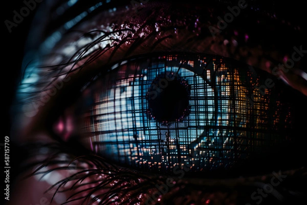 Fototapeta Glitched eyes with digital information in the iris. matrix concept. sci-fi background.
Generative AI. 