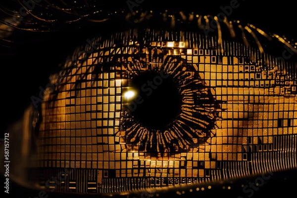 Fototapeta Glitched eyes with digital information in the iris. matrix concept. sci-fi background. Yellow color. 
Generative AI. 