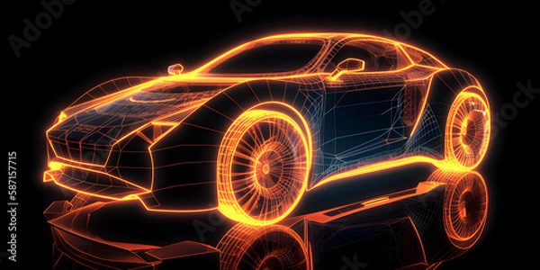 Fototapeta Generic abstract futuristic Glowing Concept Car neon wireframe. Orange lighting. 
Generative AI.