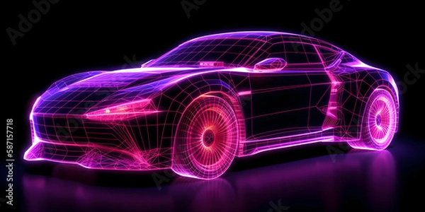 Fototapeta Generic abstract futuristic Glowing Concept Car neon wireframe. Purple lighting. 
Generative AI.