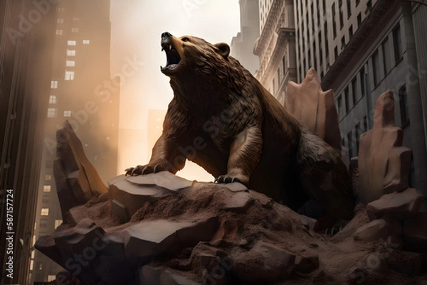 Fototapeta Giant bear roaring on top of ruins of a destroyed Wall Street bank in New York City. Market crash, recession concept. Bank collapse. 
Generative AI. 