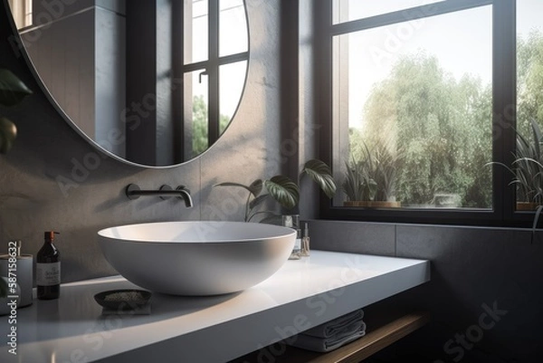 Fototapeta the bathroom sink next to the glass window. Generative AI