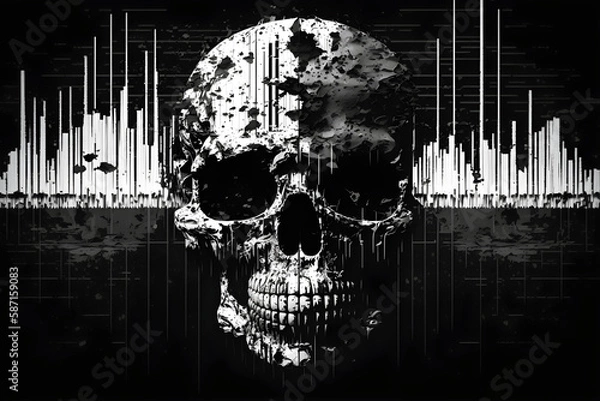 Fototapeta Black and white test Screen Glitch Texture with a glitched skull and sound wave. Pixel design for game and music. 
Generative AI. 