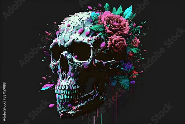 Obraz Test Screen Glitch Texture with a glitched skull and roses Pixel design for game and music. 
Generative AI. 