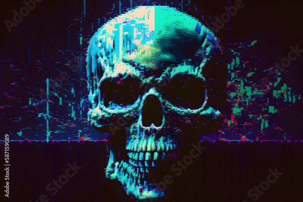 Fototapeta Test Screen Glitch Texture with a glitched skull and sound wave. Pixel design for game and music. 
Generative AI. 