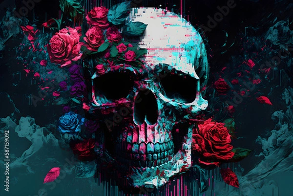 Fototapeta Test Screen Glitch Texture with a glitched skull and love. Pixel design for game and music. 
Generative AI. 