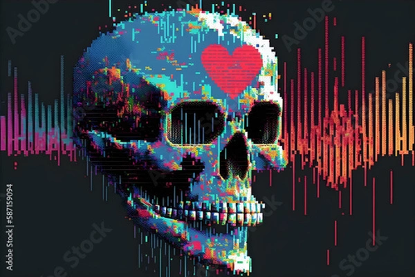 Fototapeta Test Screen Glitch Texture with a glitched skull and love. Pixel design for game and music. 
Generative AI. 