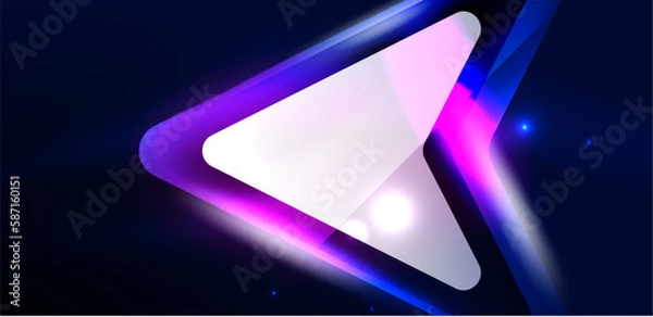 Fototapeta Neon speed arrow and line shapes background. Hi-tech concept with shiny backdrop. Bright flare light effect in the dark