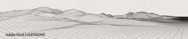 Fototapeta Abstract gentle hills in wireframe strokes. 3D grid technology illustration landscape. Digital Terrain Cyberspace in Mountains with valleys. Ultra Wide Size. Black on Gray. Vector