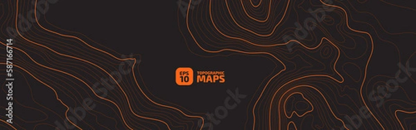 Fototapeta The stylized height of the topographic map contour in lines and contours. The concept of a conditional geography scheme and the terrain path. Orange on black. Ultra wide size. Vector illustration.