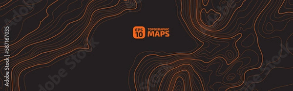 Fototapeta The stylized height of the topographic map contour in lines and contours. The concept of a conditional geography scheme and the terrain path. Orange on black. Wide size. Vector illustration.