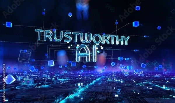 Fototapeta Trustworthy AI- businessman working and touching with virtual reality at office.