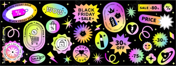 Obraz Set of cool trendy sale stickers for business. Geometric elements for a store sale, online promotion or social media posts. Gradient stickers with quotes. Brutalism aesthetic.