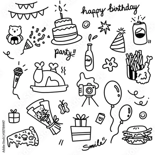 Fototapeta Birthday party icon set with free hand drawing in black and white color