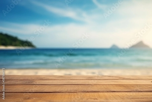 Fototapeta Empty wood table in front of blue sky on summer sea with palm leaf blurred bokeh background concept image for product Generative AI