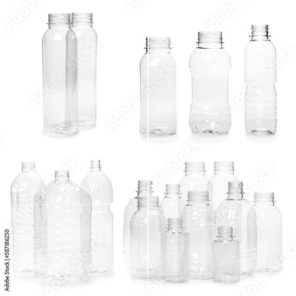 Obraz selection of quality photo collage of many different empty plastic bottles isolated on white background. production of new containers