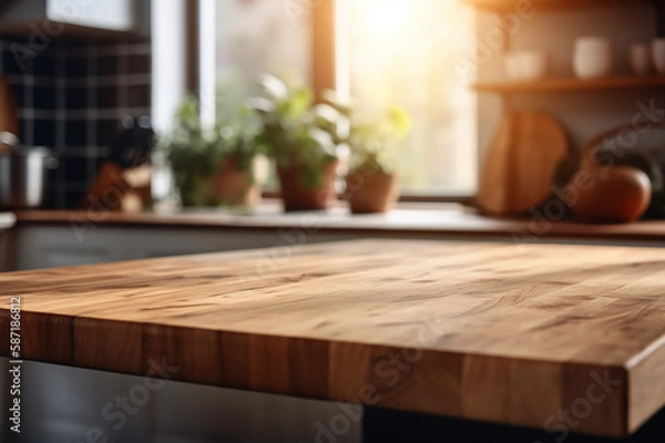 Fototapeta Empty wood table in front in kitchen room blurred background concept image for product Generative AI