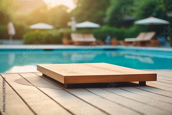 Obraz Empty wood table in front of swimming pool at summer blurred background concept image for product Generative AI