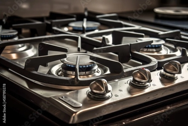 Fototapeta kitchen gas cooker with burning fire propane gas. Generative AI Technology