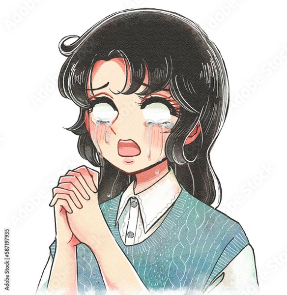 Obraz レトロ少女漫画風・当選を泣きながら祈る推し活中の女性