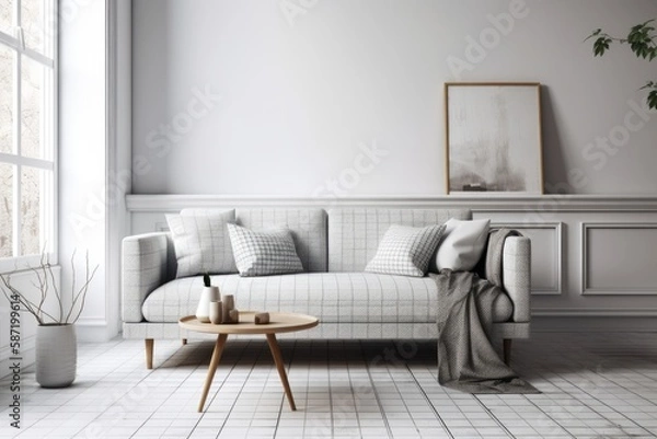 Obraz home room mockup with white backdrop. Contemporary grey sofa with checkered pillows. Scandinavian light filled room. Generative AI