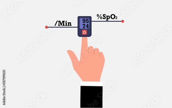 Fototapeta Patient using pulse oximeter device on finger. digital device to measure oxygen saturation flat vector illustration.