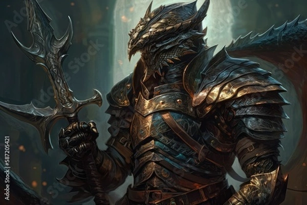 Fototapeta Male knight with a black dragon motif armor. Generative AI.