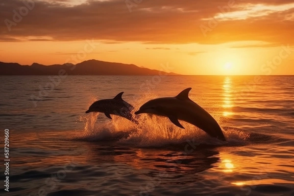Obraz Beautiful bottlenose dolphins jumping out of sea at sunset