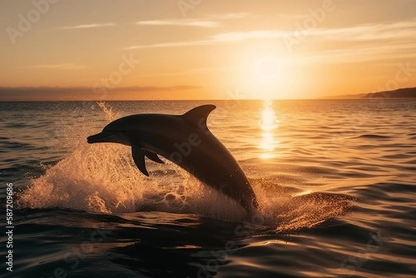 Obraz Beautiful bottlenose dolphins jumping out of sea at sunset