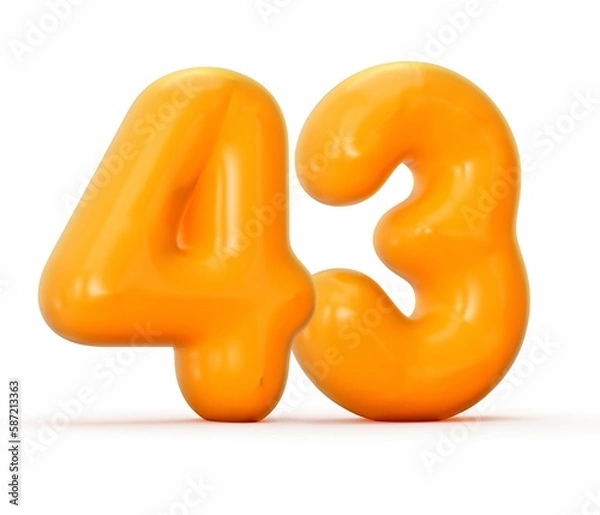 Fototapeta 3d rendering of a glossy orange jelly number 43 on a white background.
