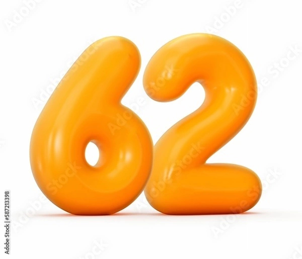 Fototapeta 3D rendering of glossy orange jelly number 62 isolated on white background