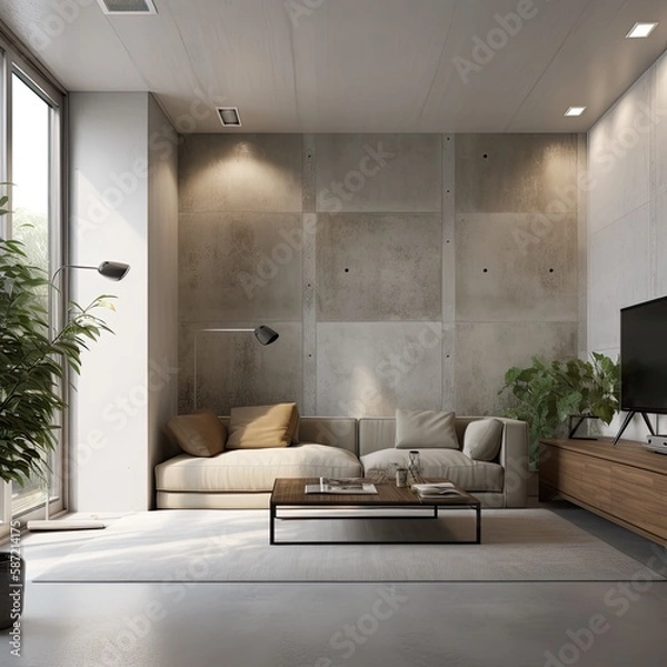 Obraz The interior of a modern living room designed with a minimalist style, natural elements, cement wall, Generative AI