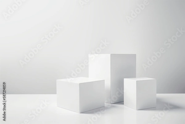 Fototapeta White square podium on white background. Showcase for cosmetic products, goods, shoes, bags, watches. Generative AI.