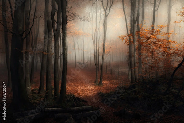 Fototapeta Dense fog in autumn forest with yellow leaves and green moss on tree bark AI generated