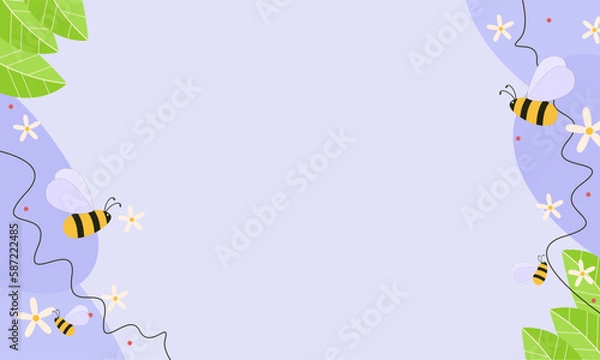 Obraz Hand drawn bee background with small flowers. Organic shapes and bee animal background with copy spaces. Floral simple banner, template and presentation.