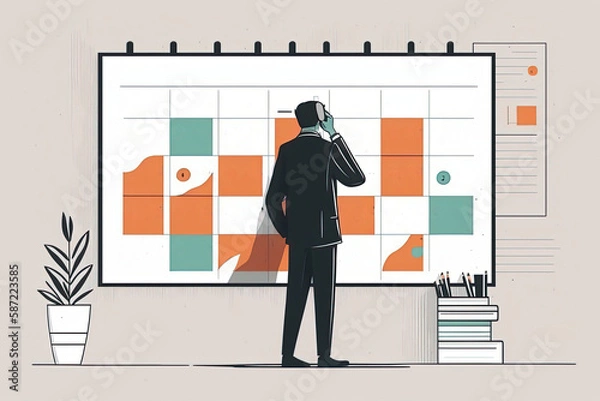 Fototapeta Business and time management illustration, generative AI. Character planning project tasks, checking schedule in calendar for organization work presentation in office