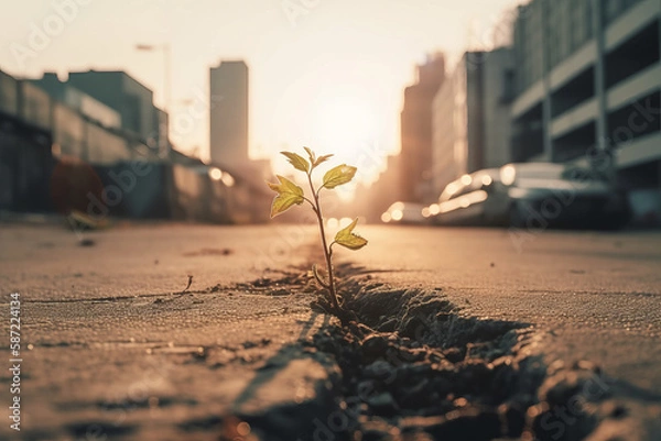 Fototapeta young evolving plant seedling growing out of craced concrete with city skyline in the background symbolizing nature taking back the rural environment, generative AI