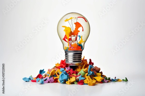 Fototapeta Creative brainstorming mindset concept, classic light bulb filled with colorful ideas, creative idea generation, generative AI