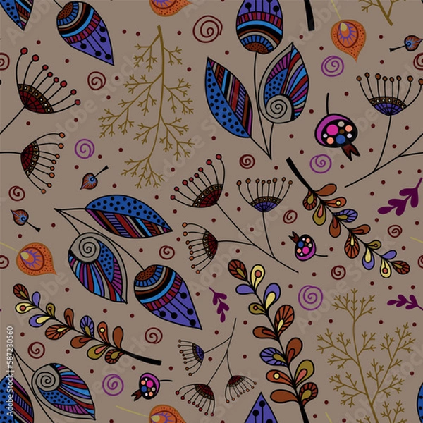 Fototapeta Seamless vector pattern with different decorative plants.