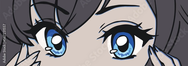 Fototapeta Anime manga blue eyes close up. Monochrome palette. Hand drawn vector