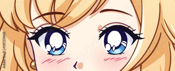 Fototapeta Anime manga blue eyes close up. Blonde hair. Hand drawn vector illustration