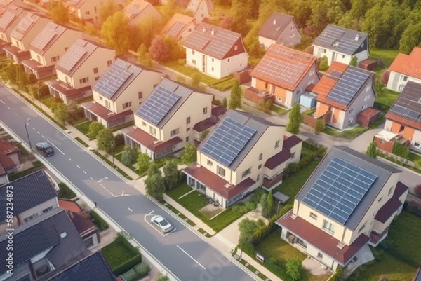 Fototapeta Drone view on suburb houses with  solar panels on the rooftop
