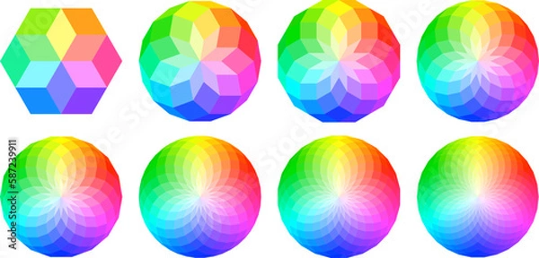 Fototapeta Set of eight radial geometric patterns of increasing complexity, made of diamond shapes and colored with a rainbow color wheel.