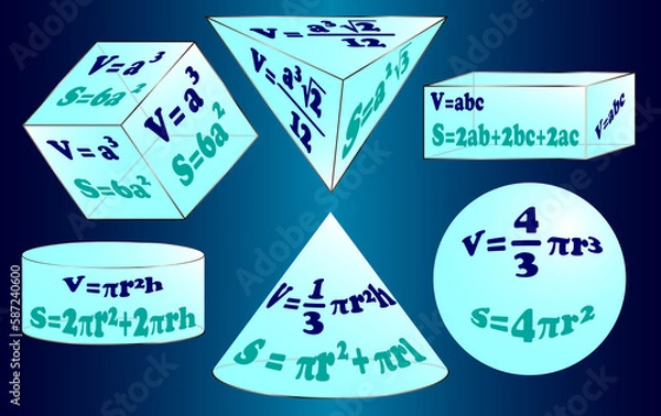 Fototapeta Three-dimensional geometric figures, school geometry.
Graphical educational presentation.