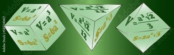 Fototapeta Three-dimensional geometric figures, school geometry.
Graphical educational presentation.