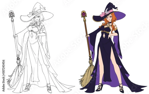 Fototapeta Anime witch wearing spooky dress holding broom.