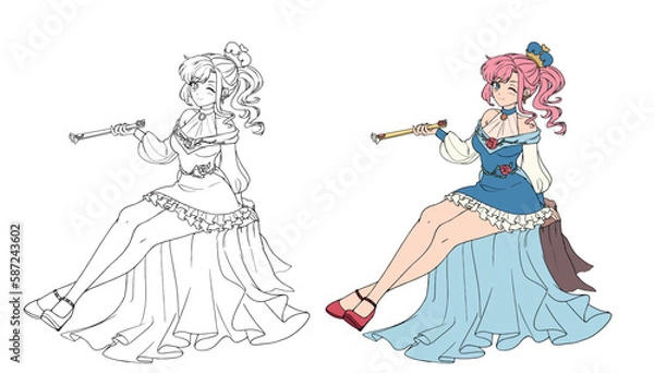 Fototapeta Anime witch sitting on stump holding wand.